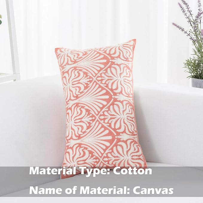 HWY 50 Pink Decorative Lumbar Pillow Cover Rectangle 12x20 Inch (1 Piece), Embroidered Cotton Farmhouse Cushion Cover Pillow Case for Sofa Couch Living Room Bed, Minimalist Floral
