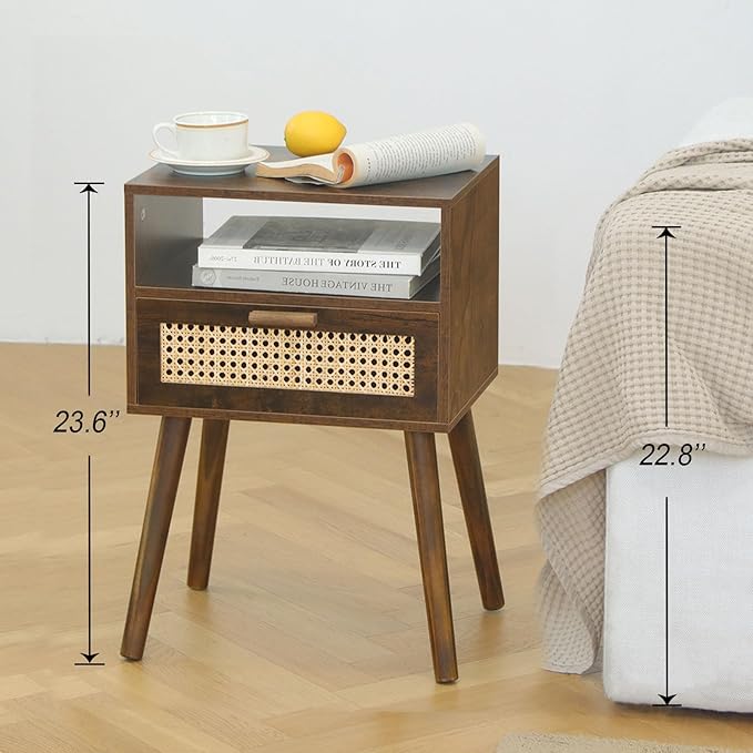 MaxSmeo Mid Century Nightstand, Rattan Side Table with Drawer, Wood Modern Bedside Table for Bedroom, Living Room and Small Spaces (Rustic Brown)