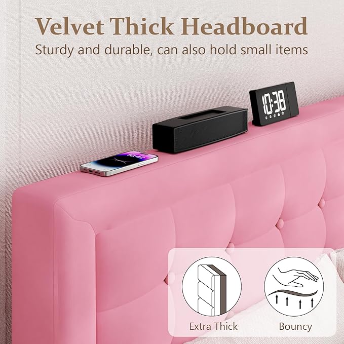 King Size Bed Frame with Headboard, Platform Bed Frame with Velvet Upholstered Button Tufted Headboard, Wood Slats Support, No Box Spring Needed, Mattress Foundation, Easy Assembly, Pink