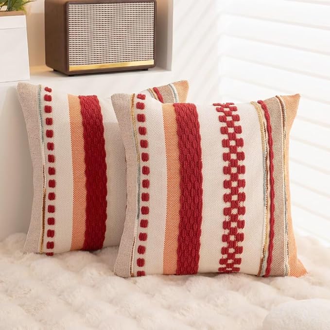 Boho Throw Pillow Covers 18x18 Set of 2 Christmas Decorative Cushion Case Striped Square Pillows Cover Chenille Pillow Cases Accent Neutral Pillowcase for Sofa Couch Bed,Red