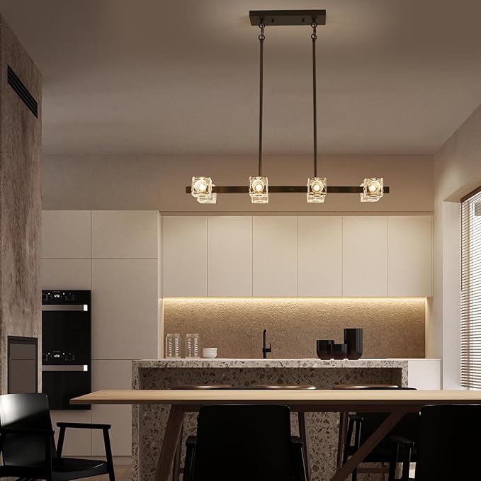 XINGQI Modern Chandeliers for Dining Room Over Table, 8-Light Rectangular Kitchen Island Light Fixture, Linear Farmhouse Metal Glass Black Vintage Hanging Lamp for Living Room Bar