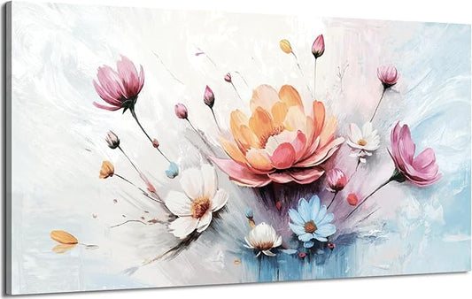 amatop Large Floral Wall Art – Modern Pink White and Blue Abstract Colorful Flower Bouquet Print Large Botanical Canvas Picture Nature Artwork Wall Decor for Living Room Bedroom Office 48x24 inch