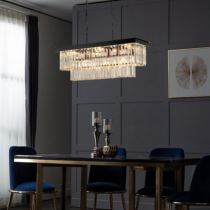 Black Crystal Chandeliers for Dining Room Light Fixtures Over Table，9-Lights Modern Rectangle Chandeliers for Kitchen Island Bar L28 Inch