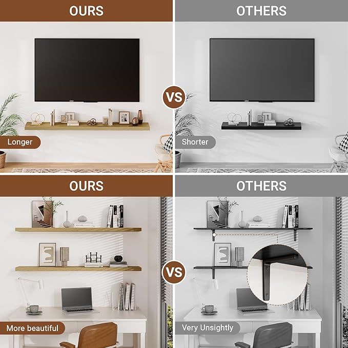 Heimlove Floating Shelves for Wall 48 Inches Long,9.3" Deep Oak Floating Shelf Set of 2,Wall Mounted Wood Shelves for Bathroom Bedroom Living Room Kitchen Office,Shelf for Books Storage Room Decor