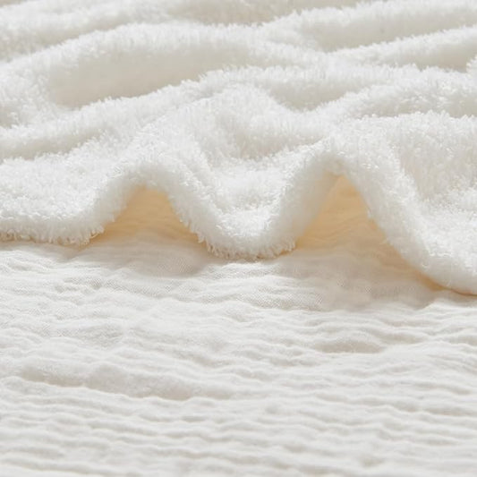 EMME Muslin and Fleece Twin Blanket Reversible - 60"*80" Cream Soft Warm Throw Blankets for Couch Bed Picnic Travel Bed