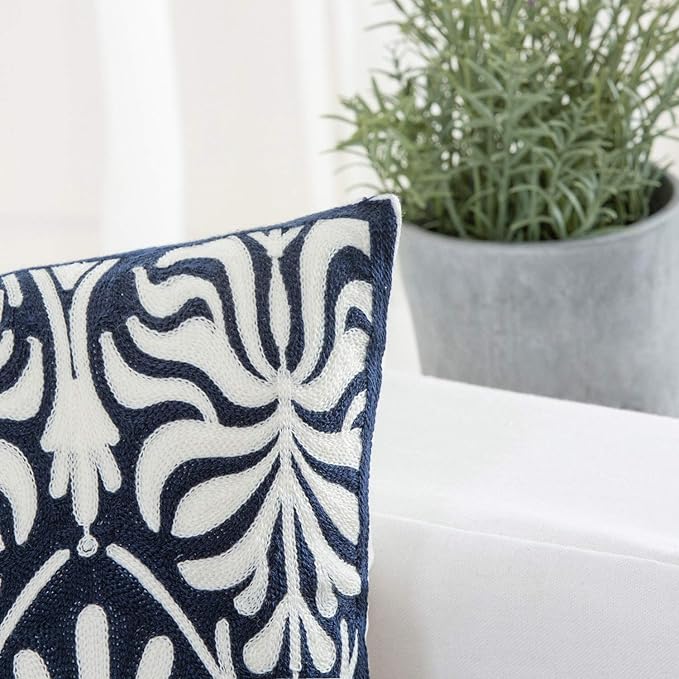 HWY 50 Navy Blue Decorative Lumbar Pillow Cover Rectangle 12x20 Inch (1 Piece), Embroidered Cotton Farmhouse Cushion Cover Pillow Case for Sofa Couch Living Room Bed, Minimalist Floral