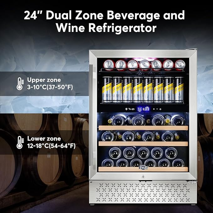 Tylza Dual Zone Wine Fridge, 24 Inch Wine and Beverage Refrigerator Built-in or Freestanding, Wine Beer Fridge Under Counter, Wine Cellar with Stainless Steel and Temperature Memory Function