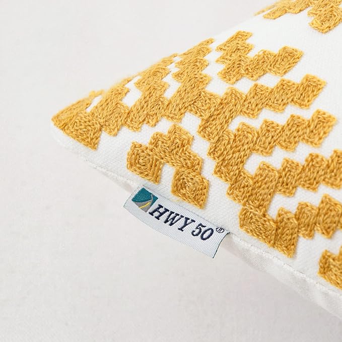 HWY 50 Mustard Yellow Decorative Throw Pillow Covers 18x18 Inch, Pack of 2 Embroidered Cotton Farmhouse Cushion Cover Pillow Case for Sofa Couch Living Room Bed Bedroon, Modern Diamond Geometric