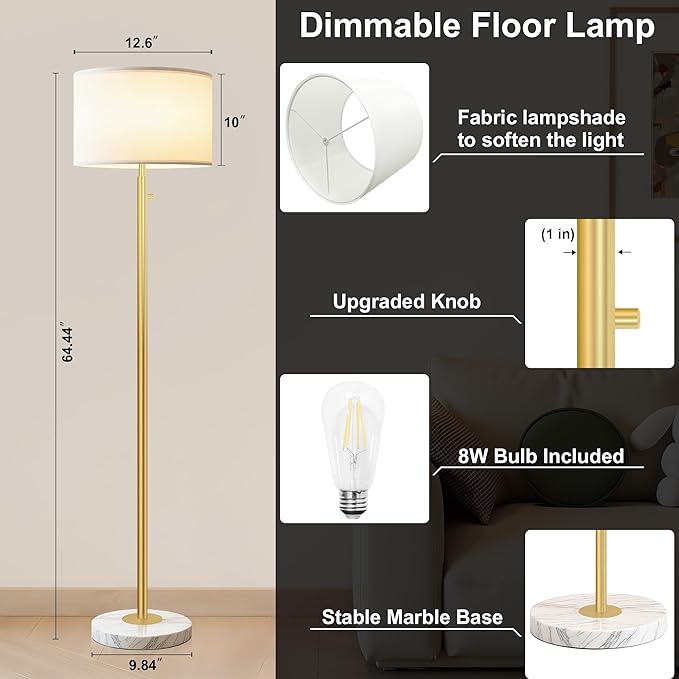 Floor Lamp for Living Room,Dimmable Gold Floor Lamp,Modern Standing Lamp with Marble Base,Tall Standing Lamp for Bedroom, Reading,Office & Kids' Room,LED Bulb Included(Gold)