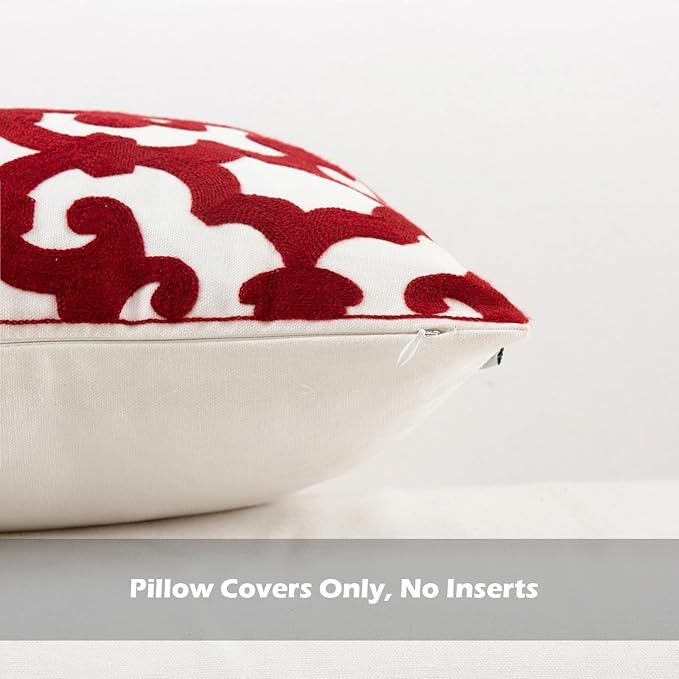 HWY 50 Red Decorative Throw Pillow Covers 18x18 Inch (1 Piece), Embroidered Cotton Farmhouse Cushion Cover Pillow Case for Sofa Couch Living Room Bed, Geometric