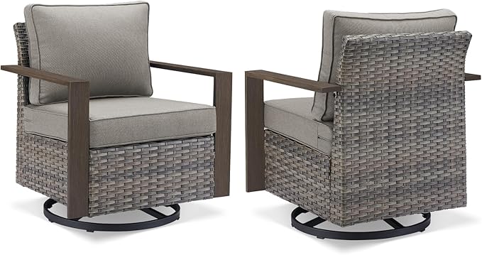 Outdoor Wicker Patio Furniture Set - 5 Piece Patio Conversation Set with 2 Wicker Swivel Rocker Chairs,2 Rattan Ottoman and 1 Couch,Thick Cushions,Deep Seating,Wide Armrest(Mixed Grey/Grey)