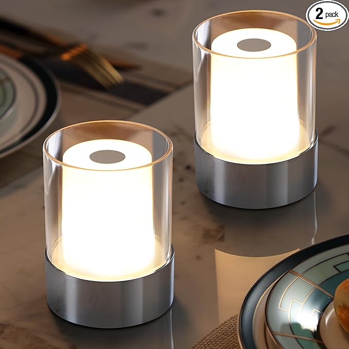 LED 4" inch Touch Night Light for Nursery Baby Kids Set of 2 (Chrome), Small Outdoor Waterproof Lamp for Bathroom Camping, Rechargeable Cordless Table Lamp for Bar Bedside Restaurant Gifts