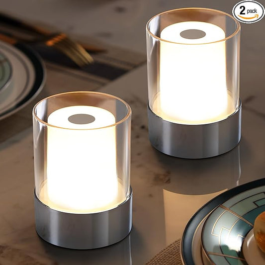 LED 4" inch Touch Night Light for Nursery Baby Kids Set of 2 (Chrome), Small Outdoor Waterproof Lamp for Bathroom Camping, Rechargeable Cordless Table Lamp for Bar Bedside Restaurant Gifts