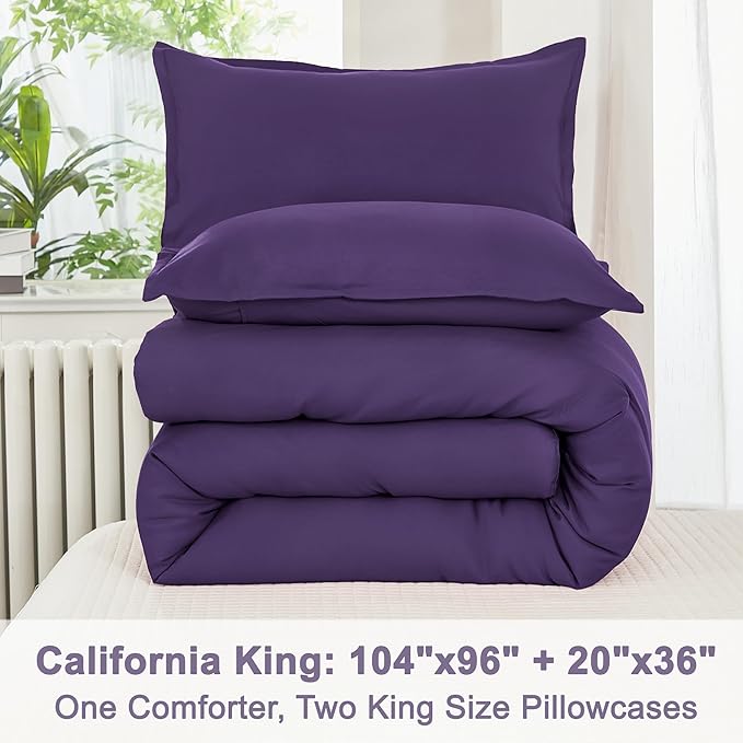 Litanika Purple Comforter Set California King Size, 3 Pieces Cal King Lightweight Solid Bedding Comforter Set, Oversized All Season Fluffy Bed Set (104x96In Comforter & 2 Pillowcases)