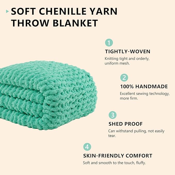 L'AGRATY Chunky Knit Blanket Throw: 50''x60'' Chenille Chunky Knitted Throw Blanket for Bed Couch - Handmade Thick Big Cable Knit Blanket - Large Crochet Rope Blanket for Home Decor(Aqua)
