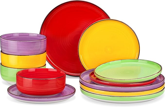 vancasso Bonita Stoneware Dinnerware Sets, 12 Pieces Dishes Set，Polished Round Plates and Bowls Set for 4, Dishwasher and Microwave Safe, Multicolor