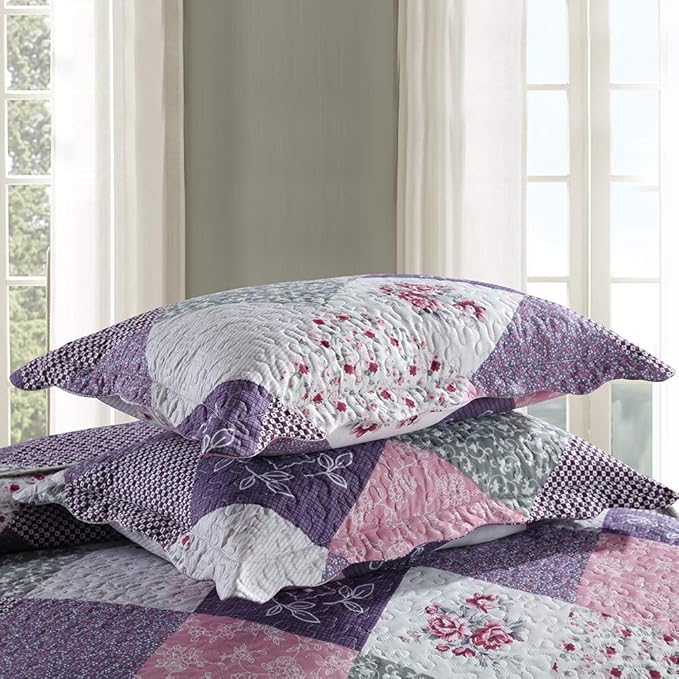 NEWLAKE Quilt Bedspread Sets-Floral Checkered Pattern Reversible Coverlet Set,King Size
