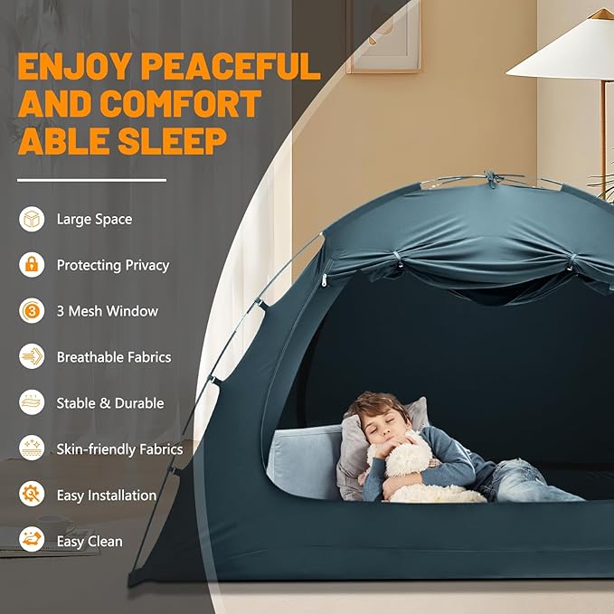 SUNYRISY Bed Canopy Full Size, Indoor Dream Tent for Adults and Kids, 3 Doors Breathable Portable, 80% Blackout Private Space Sleeping