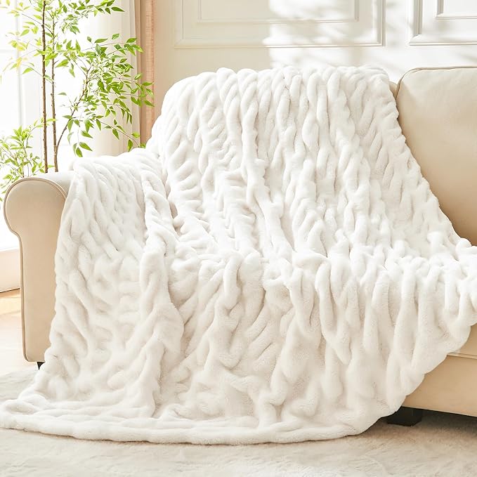 BEDELITE Faux Fur Throw Blanket for Couch, Soft and Cozy Boho Ruched Fluffy Blanket, Warm Plush Fuzzy Faux Rabbit Fur Blanket for Women Gift (Cream, 60"x 80")