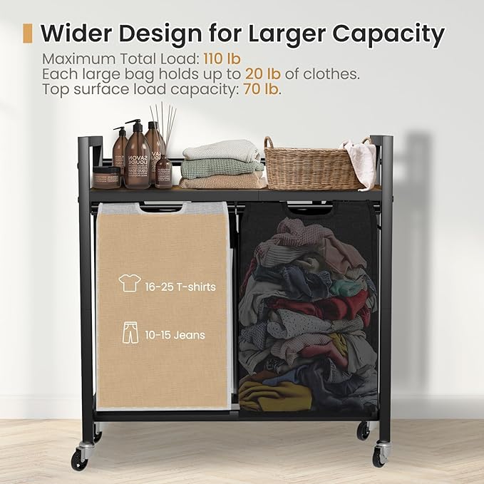 Laundry Hamper, Laundry Basket, Laundry Sorter with 2 Removable Bags, Clothes Basket with 2 Compartments, Wheels, Shelf for Laundry Room Bathroom Bedroom (2 Bags-Black Grey)