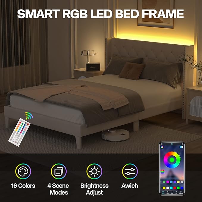 King Size Bed Frame with LED Lights, Upholstered Bed Frame with Wingback Diamond Tufted Headboard, Wood Slats Support, Noise-Free, Easy Assembly, No Box Spring Needed, Beige