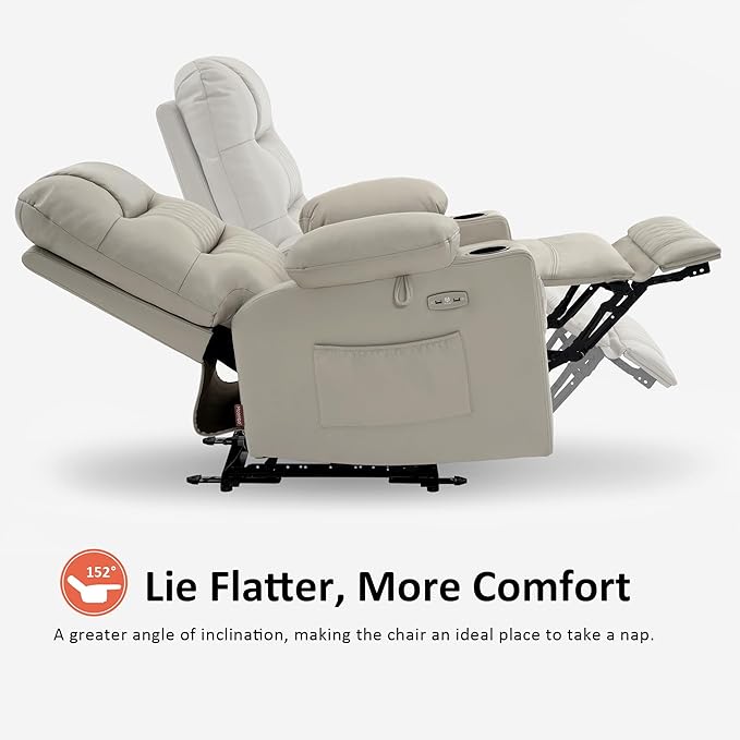 MCombo Zero Gravity Power Recliner Chair with Heat and Vibration Massage, Reclining Chair with USB Ports, Cup Holders for Living Room, Faux Leather PR621 (Light Grey)