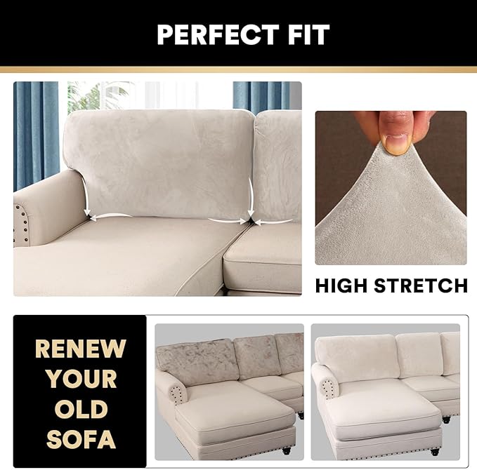 PrinceDeco Sectional Couch Covers Velvet Cushion Covers for Sectional Couch Cushion Covers for Sectional Sofa Separate Sectional Sofa Slipcovers Washable(1 Chaise Back+ 2 Sofa Back,Ivory)