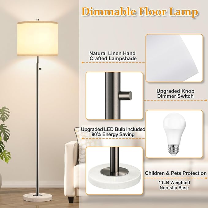 【Upgraded】 Dimmable Floor Lamp for Living Room, 11W LED Bulb Included, Modern Standing Lamp with Marble Base, Tall Pole Light with Linen Shade for Bedroom Reading Office Corner Nursery-Brushed Nickel