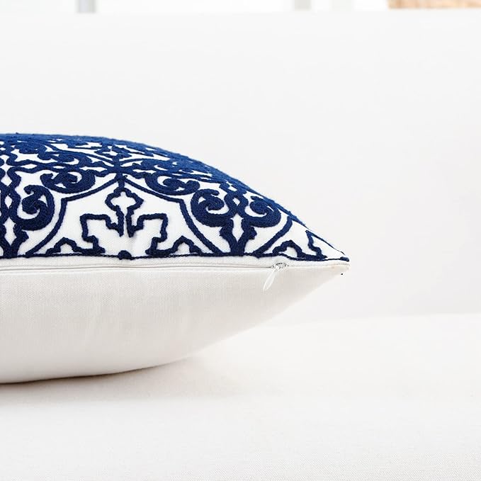 HWY 50 Navy Blue Decorative Throw Pillow Covers 18x18 Inch, Pack of 2 Embroidered Cotton Farmhouse Cushion Cover Pillow Case for Sofa Couch Living Room Bed Bedroon, Modern Pattern