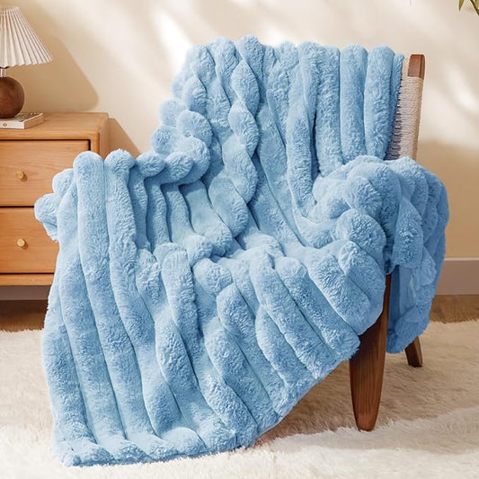 BEDELITE Faux Rabbit Fur Blanket, Luxurious 3D Striped Spring Blanket for Decor & Gift, Soft and Warm Plush Fluffy Faux Fur Throw Blanket All Seasons Suitable, (Light Blue, 60"x 80")