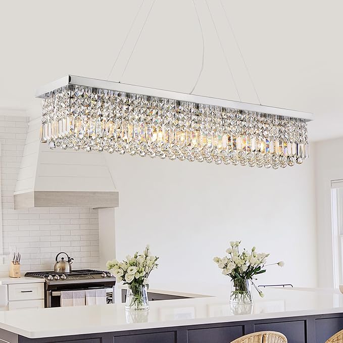 Siljoy Modern Rectangular Crystal Chandelier, 47" Rectangle Raindrop Hanging Ceiling Pendant Light Fixture Adjustable Height for Kitchen Island Dining Room, Polished Chrome Finish, L47 x W10 x H10