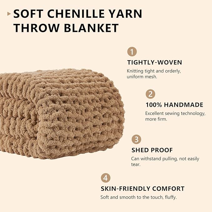 L'AGRATY Chunky Knit Blanket Throw: 60''x80'' Chenille Chunky Knitted Throw Blanket for Bed Couch - Handmade Thick Big Cable Knit Blanket - Large Crochet Rope Blanket for Home Decor(Tan)