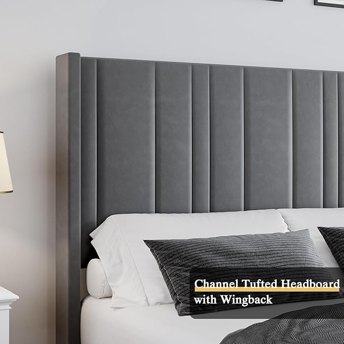 HOMBCK Queen Bed Frame Upholstered Bed with Velvet Headboard & Footboard, Vertical Channel Tufted Design/Wooden Slats/Noise Free/No Box Spring Needed/Easy Assembly, Grey