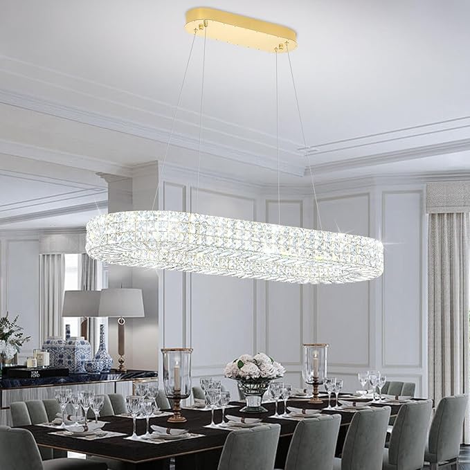 Modern Crystal Chandelier, Dia 40" Rectangular Chandelier for Dining Room,Gold Rectangle Crystal Ceiling Light Luxury Oval Chandeliers for Living Room Kitchen Island