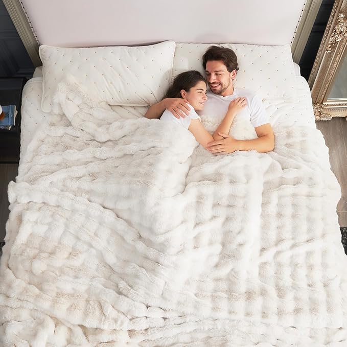 Cozy Bliss Faux Fur Throw Blanket for Couch, Fuzzy Soft Plush Thick Bubble Blanket for Sofa Bedroom Living Room, 108 * 90 Inches Cream White