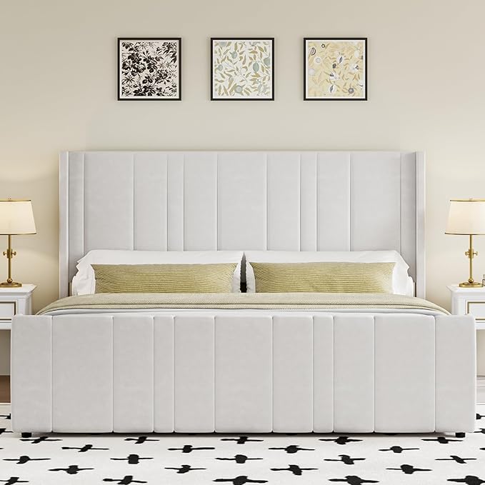 King Size Bed Frame and Headboard, Soft Velvet Upholstered Bed Frames with Vertical Channel Tufted Wingback Headboard & Footboard, Soft Bed Frame King, Noise Free, Easy Assembly, White