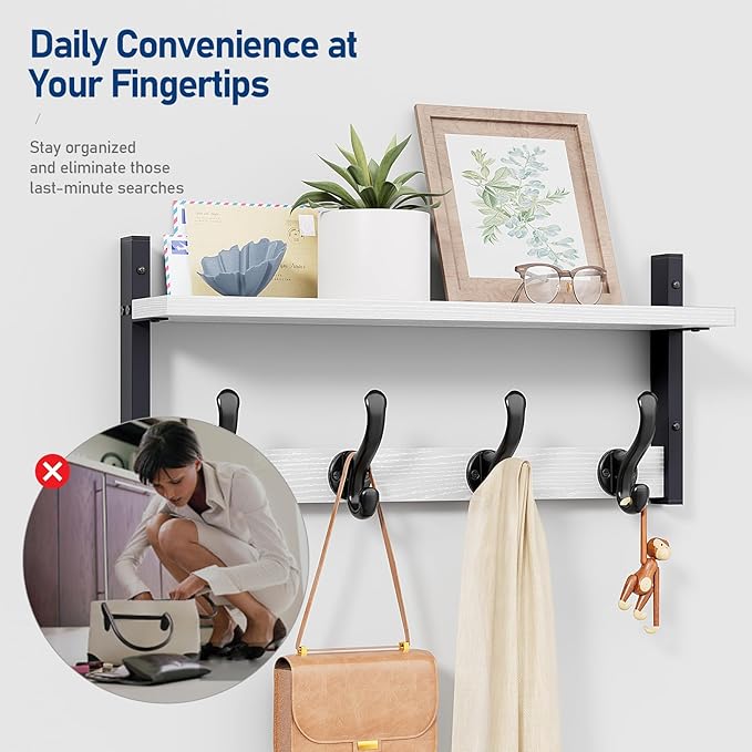 Tatub 20" Rustic Coat Rack Wall Mount with Shelf, Wall Hooks with Shelf, Heavy Duty Entryway Organizer Hangers for Hanging, Hat, Bag, Jacket for Bathroom, Living Room, Bedroom, White