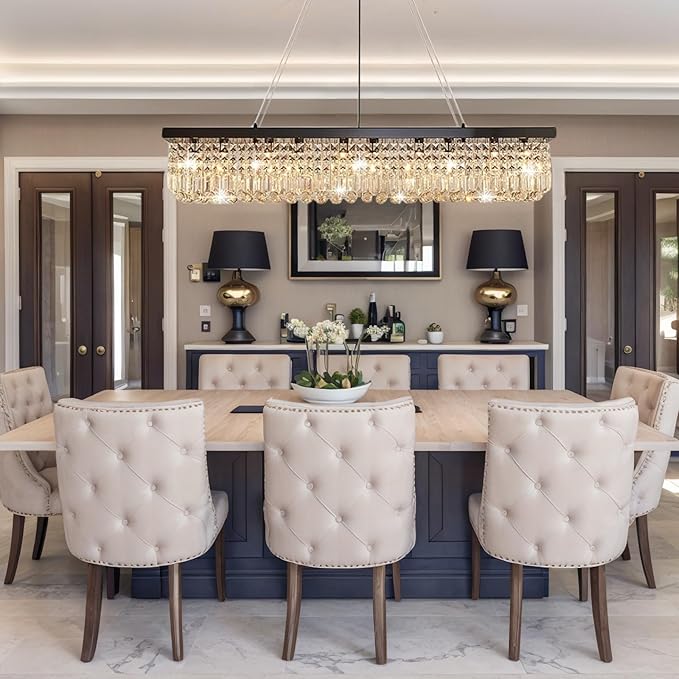 Rectangular Black Crystal Chandelier,10 Light Crystal Chandeliers for Dining Room, Rectangle Light Fixture for Kitchen Island L47''xW10''x H10''
