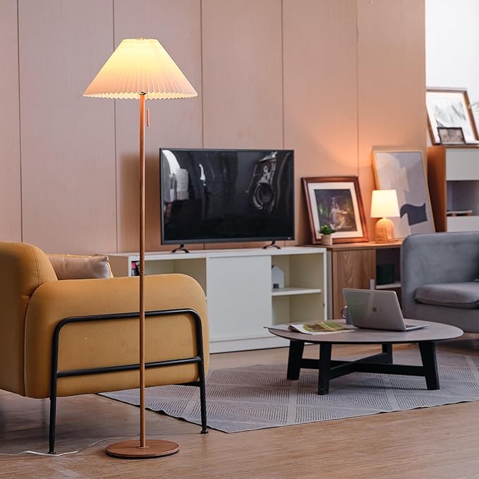 GLOBE Electric 61000053 62" Floor Lamp, Wood-Toned Finish, Pleated Fabric Shade, Pull Chain Switch, Reading Light, E26 Base, Modern Classic Lighting for Living Rooms and Bedrooms