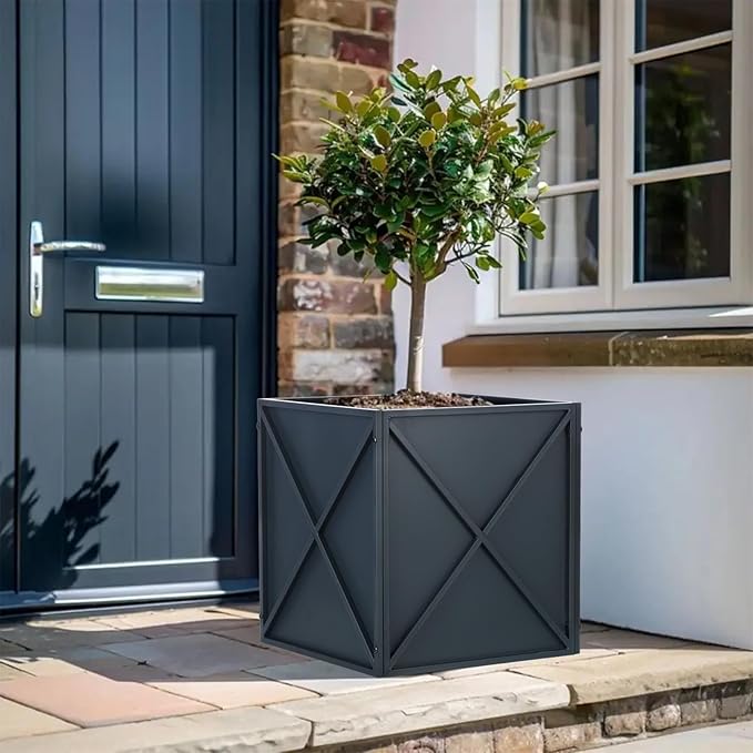 SUNNYPARK Large Metal Planter Box 17”x 17”x 18”, Square Modern Grey Metal Planter Box Heavy Duty with Drainage Holes for Outdoor Garden Patio