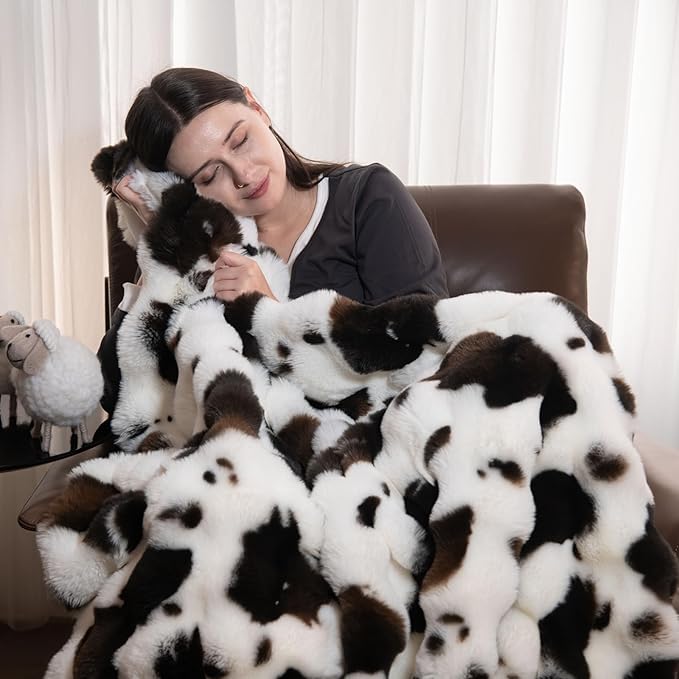 Cow Print Faux Fur Throw Blanket for Couch, Soft & Plush Fuzzy Blanket for Sofa, Bedroom, Living Room, Super Soft Warm for Adults Kids Girl Gifts Bedroom Couch Sofa Travel,50x60 Inches Black Brown