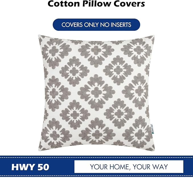 HWY 50 Grey Gray Decorative Throw Pillow Covers 18x18 Inch (1 Piece), Embroidered Cotton Farmhouse Cushion Cover Pillow Case for Sofa Couch Living Room Bed, Geometric Diamond Floral