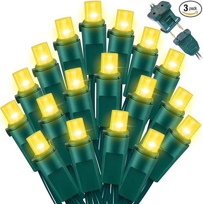 Yellow Wide Angle LED String Lights, 64.8 Ft 300 Count, Pack of 3 Strands 21.9 Ft 100 Lights UL Certified Commercial Grade Green Wire 5mm Holiday String Light