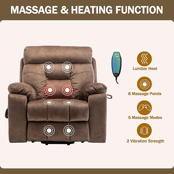 Oversized Power Lift Recliner Chair for Elderly with Massage Heat, Brown Velvet Electric Lay Flat Recliners with Cup Holders, Side Pockets, Infinite Position, Gift for Family