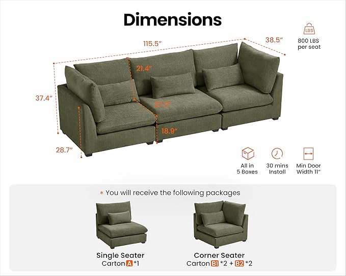 Oversized Modular Sofa, Extra Deep Cloud Chenille Sectional Couch with Ottoman Chaise, Fluffy Chenille 3 Seater Sofa for Living Room, Villa (Basic 3 Seater, Chenille Green)