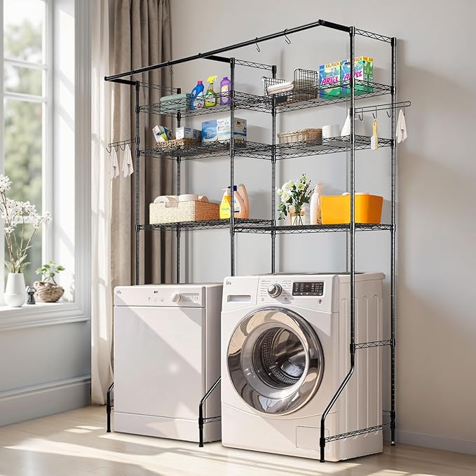 VEVOR Over The Washer and Dryer Storage Shelf, 6 Tier Laundry Room Drying Rack with Hanger Rod and Hooks, Adjustable Over Washer and Dryer Shelves, Laundry Room Shelf Storage Space Saver, Black