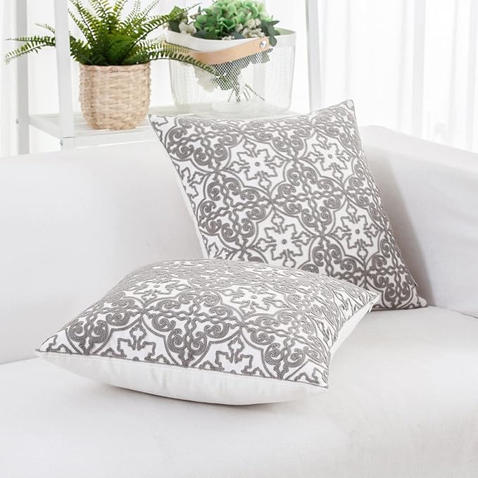 HWY 50 Grey Gray Decorative Throw Pillow Covers 18x18 Inch, Pack of 2 Embroidered Cotton Farmhouse Cushion Cover Pillow Case for Sofa Couch Living Room Bed Bedroon, Modern Pattern