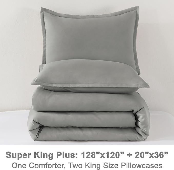 Litanika Comforters Medium Gray Super King Plus Size, 3 Pieces Lightweight Solid Bedding Set & Collections, All Season Fluffy Bed Set (128x120In Comforter & 2 Pillowcases)