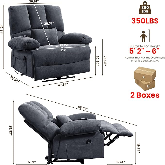 Oversized Power Recliner Chair 350lb with Hidable Cup Holders, Extra Wide Large Big Electric Recliner Chair with Lumbar Support Pillow Nursery Chair Living Room (Power, GREY-ET6008)