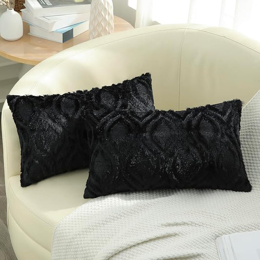 decorUhome Fall Throw Pillow Covers 12x20 Inch Set of 2, Soft Plush Decorative Faux Fur Black Solid Couch Pillow Covers, Accent Farmhouse Neutral Lumbar Euro Pillow Cases for Sofa Bed Living Room